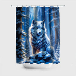 Шторка для душа Волк в зимнем ночном лесу, цвет: 3D-принт