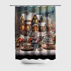 Шторка для ванной Объемные новогодние домики