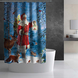 Шторка для душа Дед Мороз в лесу с животными, цвет: 3D-принт — фото 2