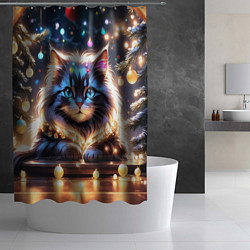 Шторка для душа Кот с гирляндой среди новогодних украшений, цвет: 3D-принт — фото 2