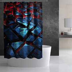 Шторка для душа Синие абстрактные плиты и красное свечение, цвет: 3D-принт — фото 2