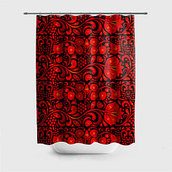Шторка для душа Хохломская роспись красные цветы и ягоды на чёрном, цвет: 3D-принт