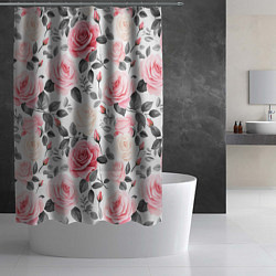 Шторка для душа Розовые розы и серые листочки - паттерн, цвет: 3D-принт — фото 2