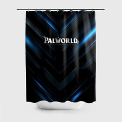 Шторка для душа Palworld logo blue neon abstract black, цвет: 3D-принт