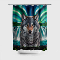 Шторка для душа Серый волк стоящий перед водопадом под северным си, цвет: 3D-принт