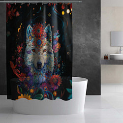 Шторка для душа Белый волк с цветами акварелью, цвет: 3D-принт — фото 2