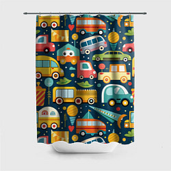 Шторка для ванной Игрушечные машинки на синем фоне
