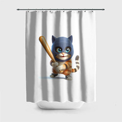 Шторка для ванной Прикольный котёнок с бейсбольной битой и в балакла