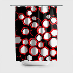 Шторка для ванной Красно-белые шестиугольники на чёрном фоне