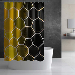 Шторка для душа Белые шестиугольники на чёрно-жёлтом фоне, цвет: 3D-принт — фото 2