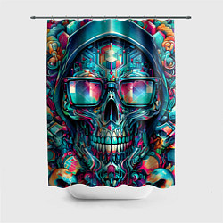 Шторка для ванной Кибер череп в балахоне и очках - нейроарт фантазия