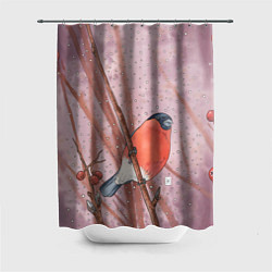 Шторка для ванной Акварельный снегирь в рябине