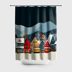 Шторка для ванной Новогодний городок в горах