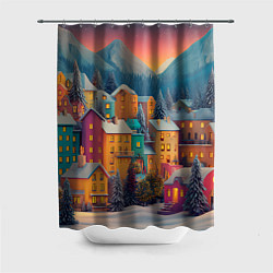 Шторка для ванной Новогодний город в горах