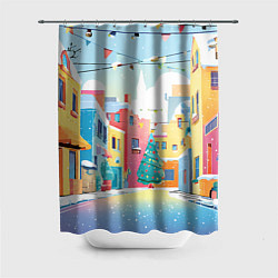 Шторка для ванной Разноцветный новогодний дворик