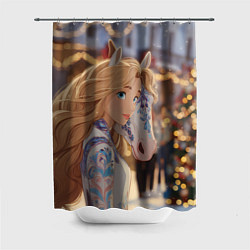 Шторка для ванной Блондинка с новогодней лошадкой