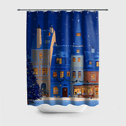 Шторка для ванной Синяя новогодняя елочка во дворе