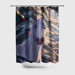 Шторка для ванной Белая лошадь на фоне елки