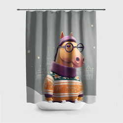 Шторка для душа Новогодняя лошадка хипстер, цвет: 3D-принт