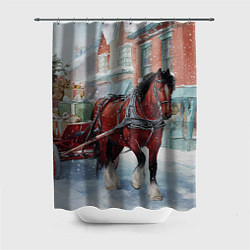 Шторка для душа Лошадка с новогодней повозкой, цвет: 3D-принт