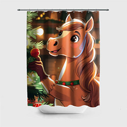 Шторка для ванной Лошадка наряжает елку