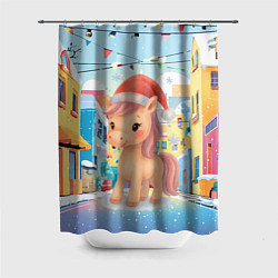 Шторка для ванной Лошадка с новогоднем венком