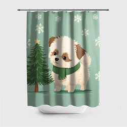 Шторка для ванной Новогодний песик с елочкой