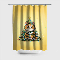 Шторка для ванной Новогодний котик в гирлянде
