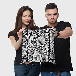 Подушка квадратная Хохлома черно-белая, цвет: 3D-принт — фото 2
