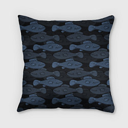 Подушка квадратная Синие рыбы на темном фоне