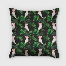 Подушка квадратная Белые попугаи и листья, цвет: 3D-принт