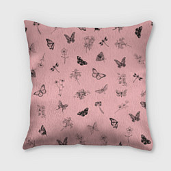 Подушка квадратная Цветочки и бабочки на розовом фоне