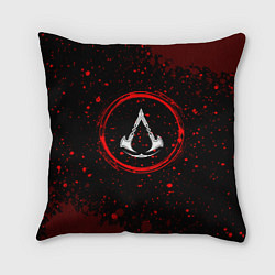 Подушка квадратная Символ Assassins Creed и краска вокруг на темном ф