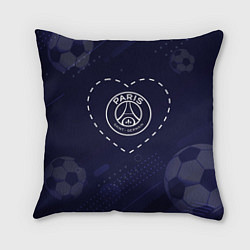 Подушка квадратная Лого PSG в сердечке на фоне мячей, цвет: 3D-принт