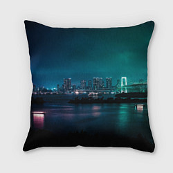 Подушка квадратная Неоновый город с рекой - Светло-зелёный, цвет: 3D-принт