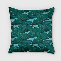 Подушка квадратная Акулы не темно бирюзовом фоне, цвет: 3D-принт