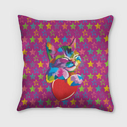 Подушка квадратная Сердечный котик в поп-арте, цвет: 3D-принт
