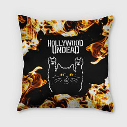 Подушка квадратная Hollywood Undead рок кот и огонь