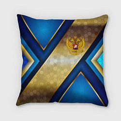 Подушка квадратная Золотой герб России на синем объемном фоне, цвет: 3D-принт