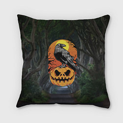 Подушка квадратная Ворон, сидящий на тыкве - Halloween