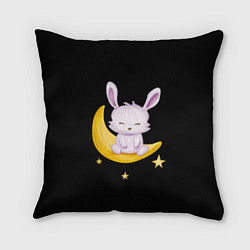 Подушка квадратная Крольчонок сидит на месяце на чёрном фоне, цвет: 3D-принт