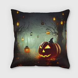 Подушка квадратная Тыква на Хэллоуин в ночном туманном лесу, цвет: 3D-принт