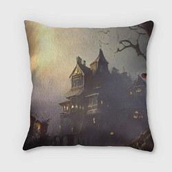 Подушка квадратная Хэллоуин, дом с привидениями и полная луна