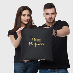 Подушка квадратная Happy Halloween надпись с летучими мышами, цвет: 3D-принт — фото 2