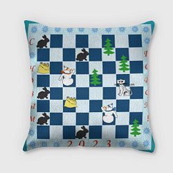 Подушка квадратная Новогодняя шахматная доска со снеговиком и кролика, цвет: 3D-принт