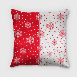 Подушка квадратная Рождественские снежинки на красно-белом фоне