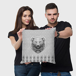 Подушка квадратная Медведь чёрно-белый барельеф с этническим орнамент, цвет: 3D-принт — фото 2