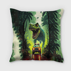 Подушка квадратная Динозавр в погоне за машиной в джунглях