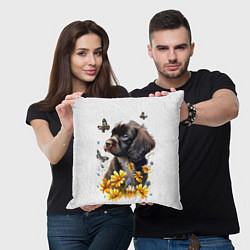 Подушка квадратная Черный щенок и жёлтые полевые цветы, цвет: 3D-принт — фото 2