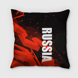 Подушка квадратная Russia - белая надпись на красных брызгах, цвет: 3D-принт